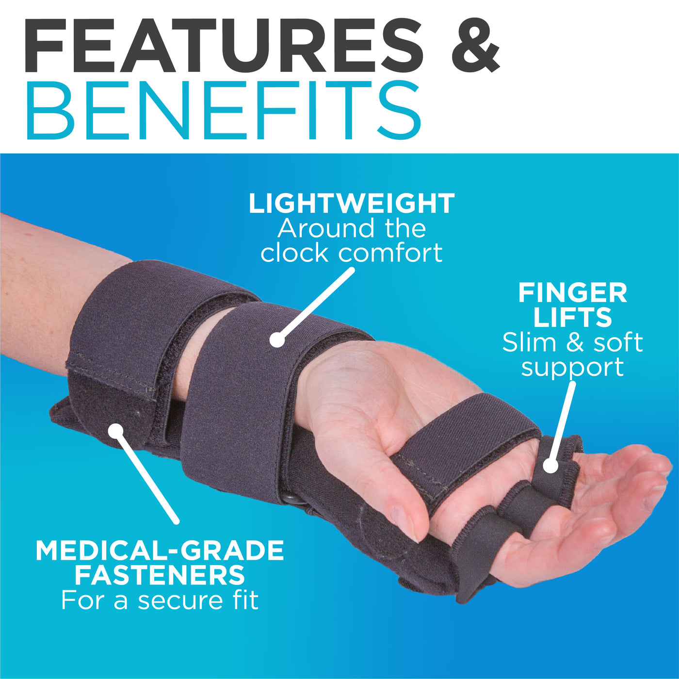 The radial nerve finger extension splint is made of lightweight elastic and medical-grade fasteners
