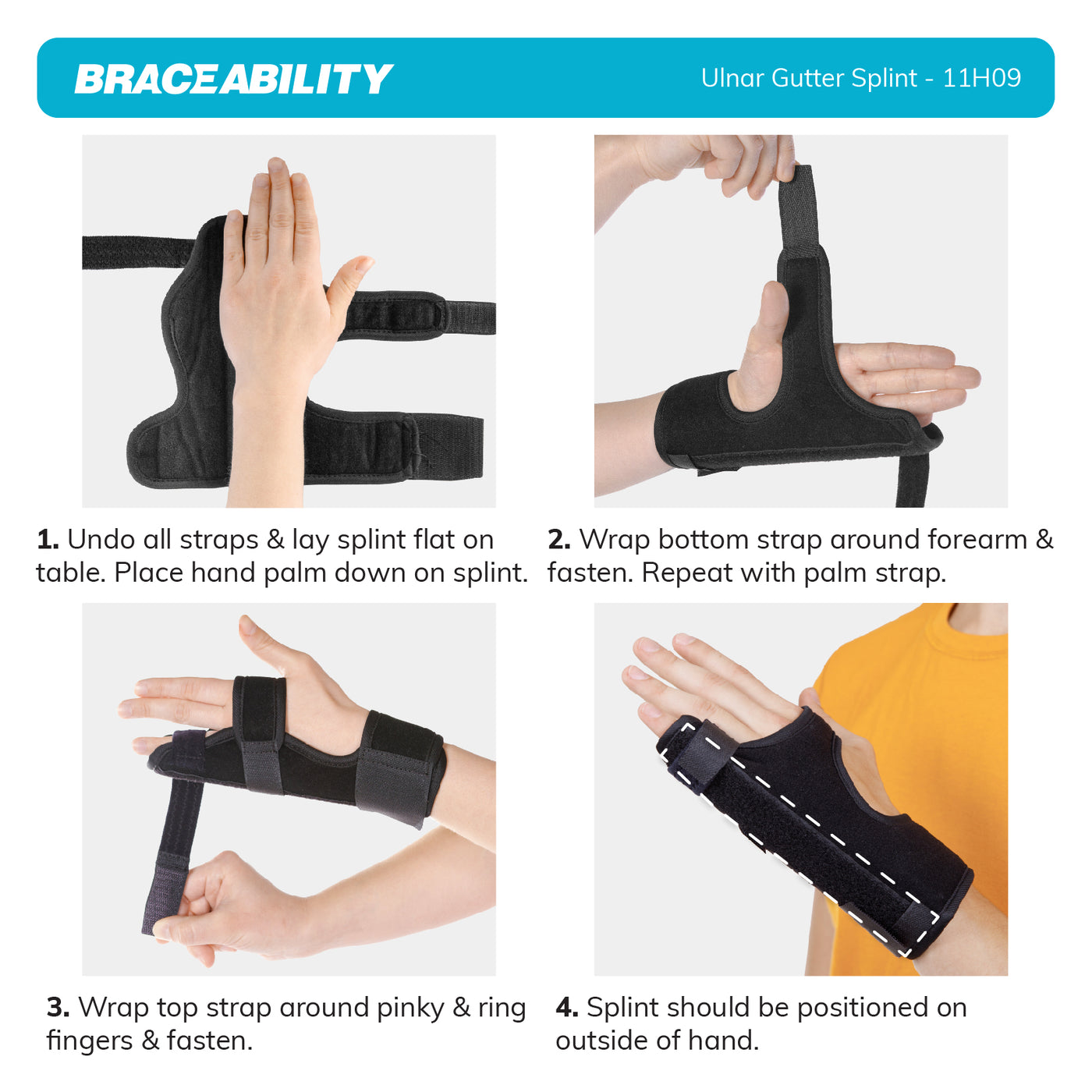 the instruction sheet for the ulnar gutter splint has three simple wrap around straps