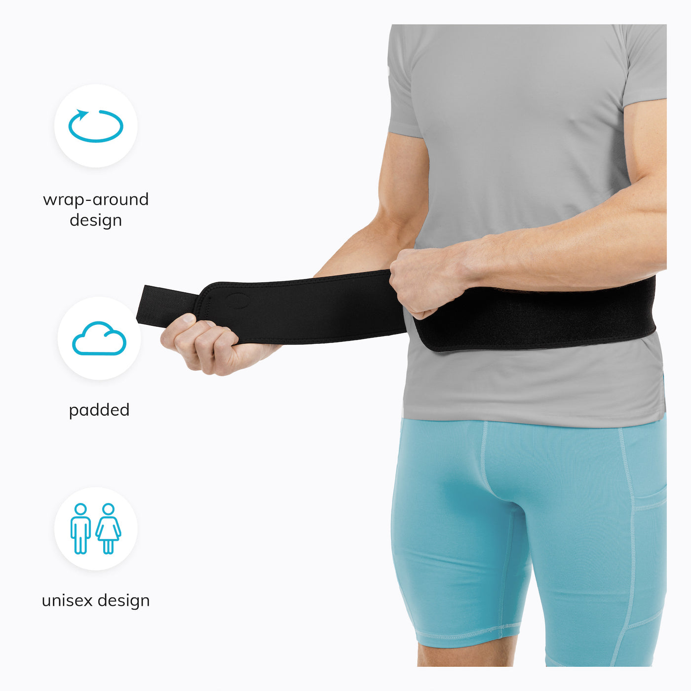 Our black hip belt is a wrap-around brace to reduce SI joint inflammation