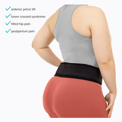 Our low-profile pelvic support belt fixes anterior pelvic tilt pain, lower crossed syndrome, and postpartum pelvic pain