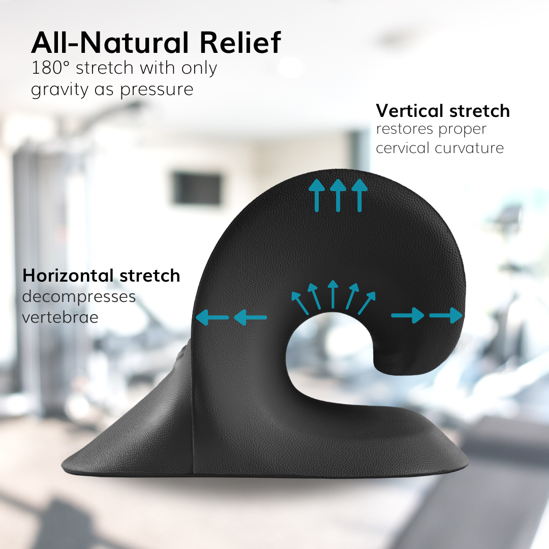 our all natural shoulder relaxer applies an 180 degree stretch from your shoulders to your skull