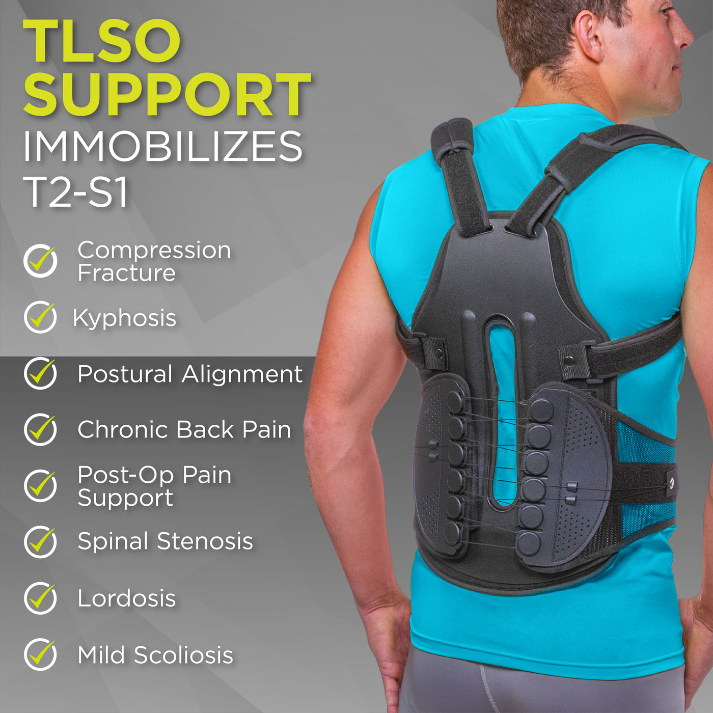 Our TLSO thoracic brace immobilizes the t2-s1 vertebra helping treat chronic back pain and herniated or bulging disc