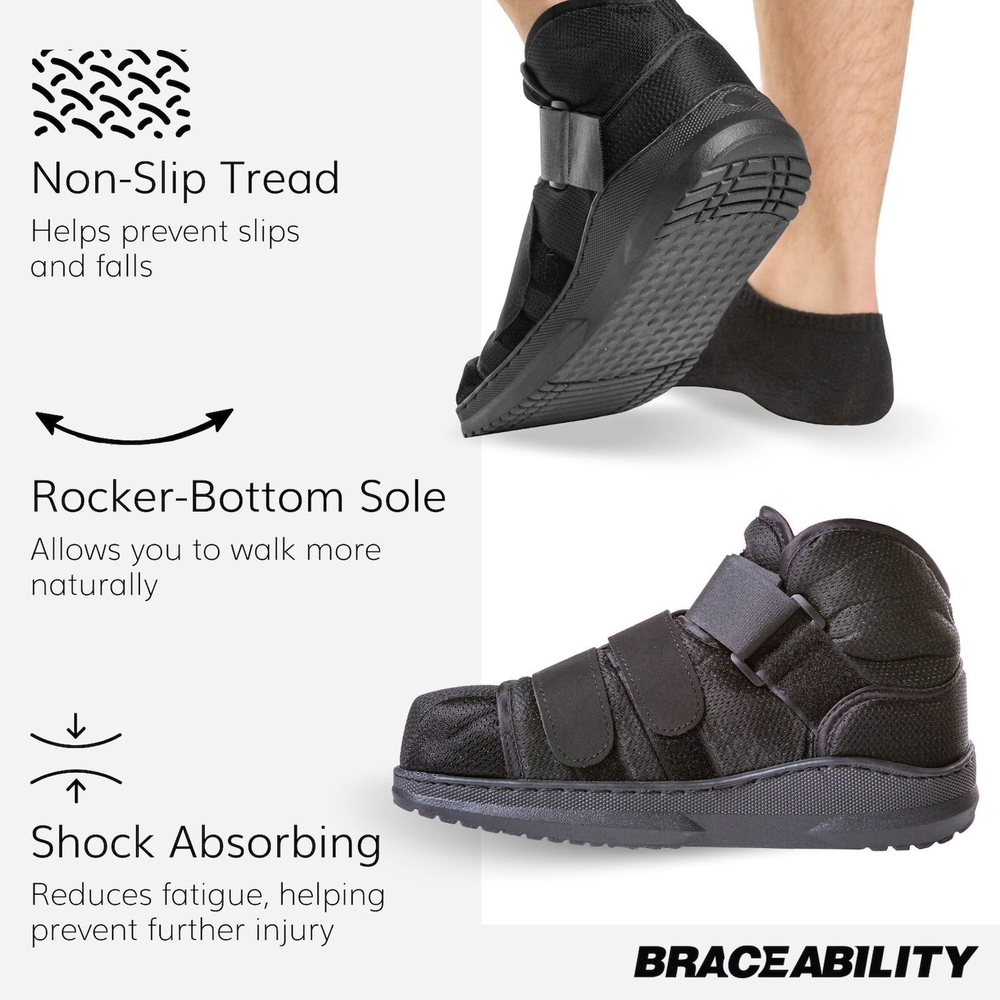 Our all weather metatarsal shoe has non-slip tread to help prevent falls and slips after foot stress fractures