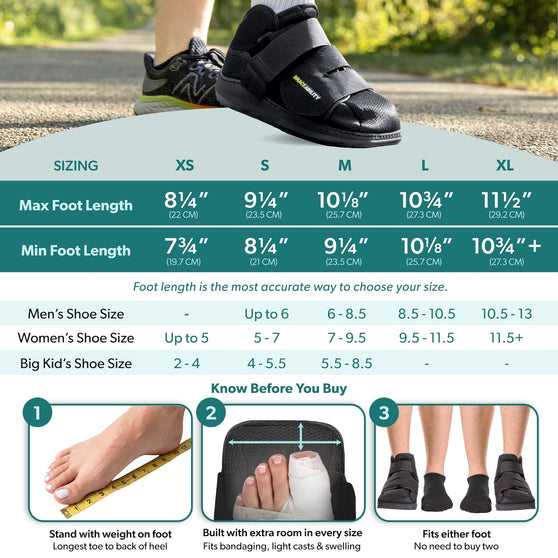 A%20person%20is%20wearing%20BraceAbility's%20closed-toe%20walking%20shoe.%20Below%20is%20a%20sizing%20chart%20with%20foot%20and%20shoe%20measurements%20for%20sizes%20XS,S,%20M,%20L,%20and%20XL.%20Text%20reads:%20%22The%20Perfect%20Fit,%20Light%20on%20Your%20Feet.
