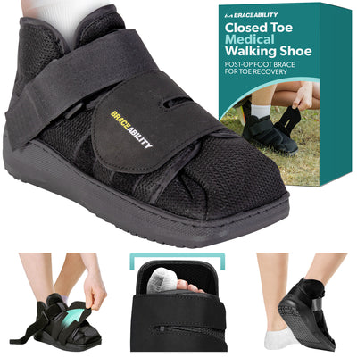 BraceAbility closed-toe post-op shoe with a thick rubber sole, providing foot protection and comfort for broken toe recovery.