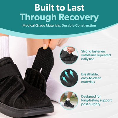 The post op bunion and hammertoe surgery recovery shoe is lightweight and easy to adjust
