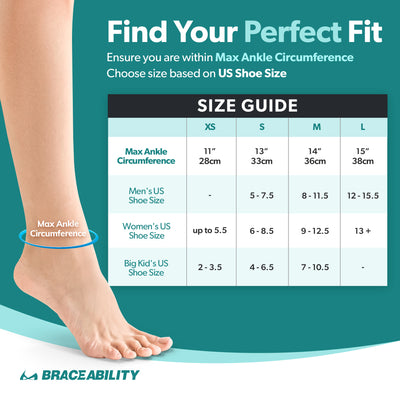 The sizing chart for the plantar fasciitis relief sock comes in 4 sizes fitting men, women, and children