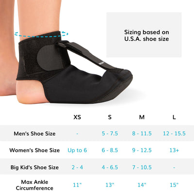 The sizing chart for the plantar fasciitis relief sock comes in 4 sizes fitting men, women, and children