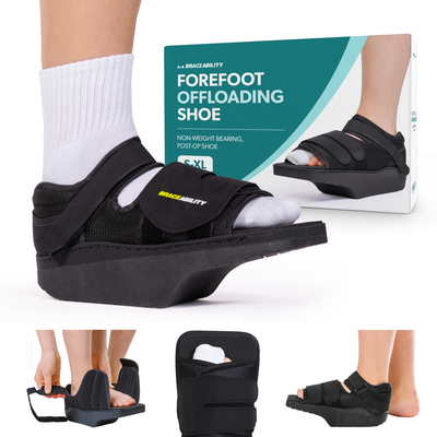 The black darco orthowedge forefoot offloading shoe works to relieve pressure from diabetic foot ulcers