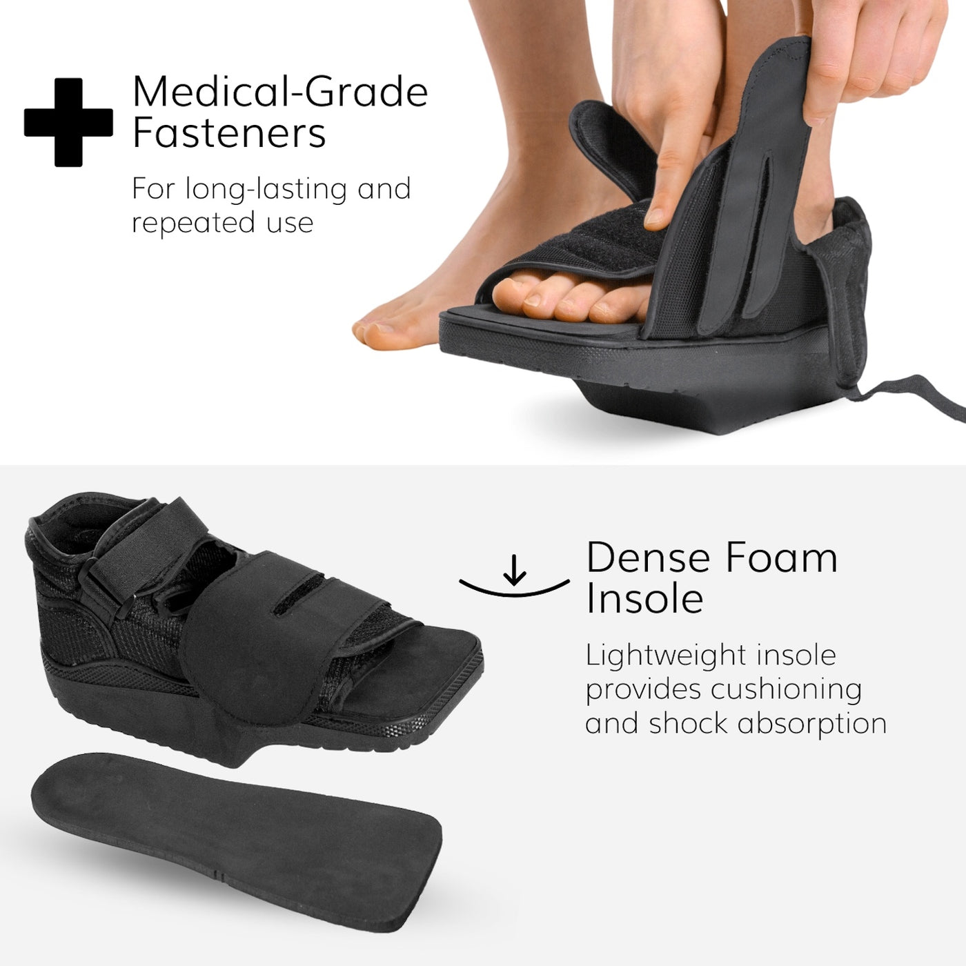 The adjustable darco wedge shoe has adjustable straps to accommodate bandaging from diabetic foot ulcers and after surgery