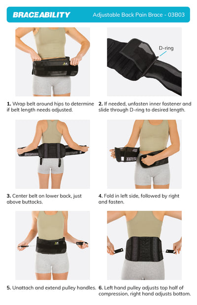 To put on the adjustable back pain brace use the instruction sheet for proper directions