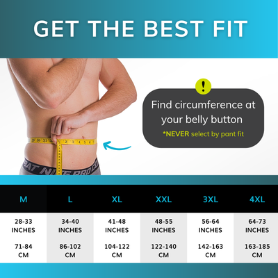Sizing chart for the industrial back belt - measure the circumference around your stomach at your belly button. M-4XL fits circumferences 28 inches to 73 inches