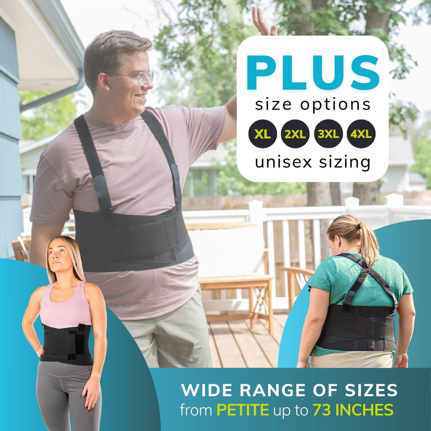 The BraceAbility work back brace with removable suspender straps fits petite to plus size men and women