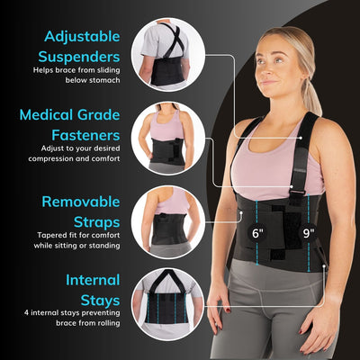 The back brace for construction is 9 inches tall making it great for bending and twisting