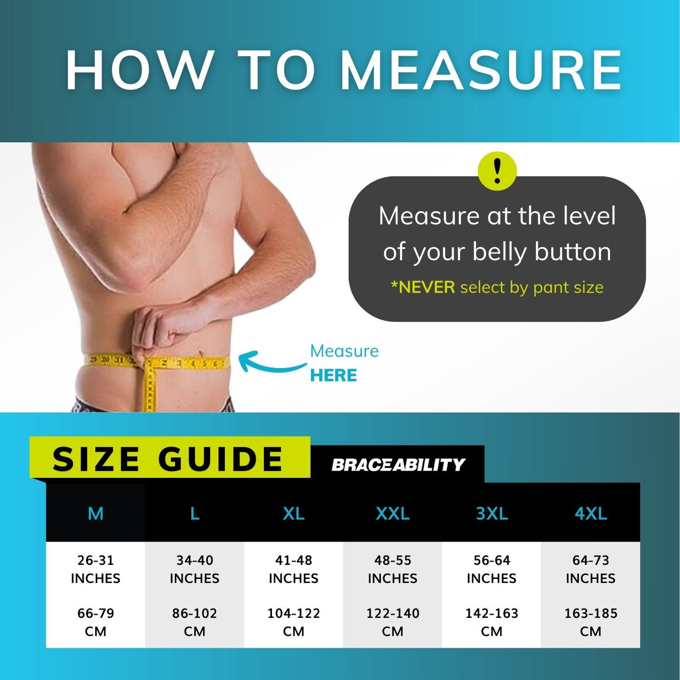 Sizing chart for the industrial back belt - measure the circumference around your stomach at your belly button. M-4XL fits circumferences 26 inches to 73 inches