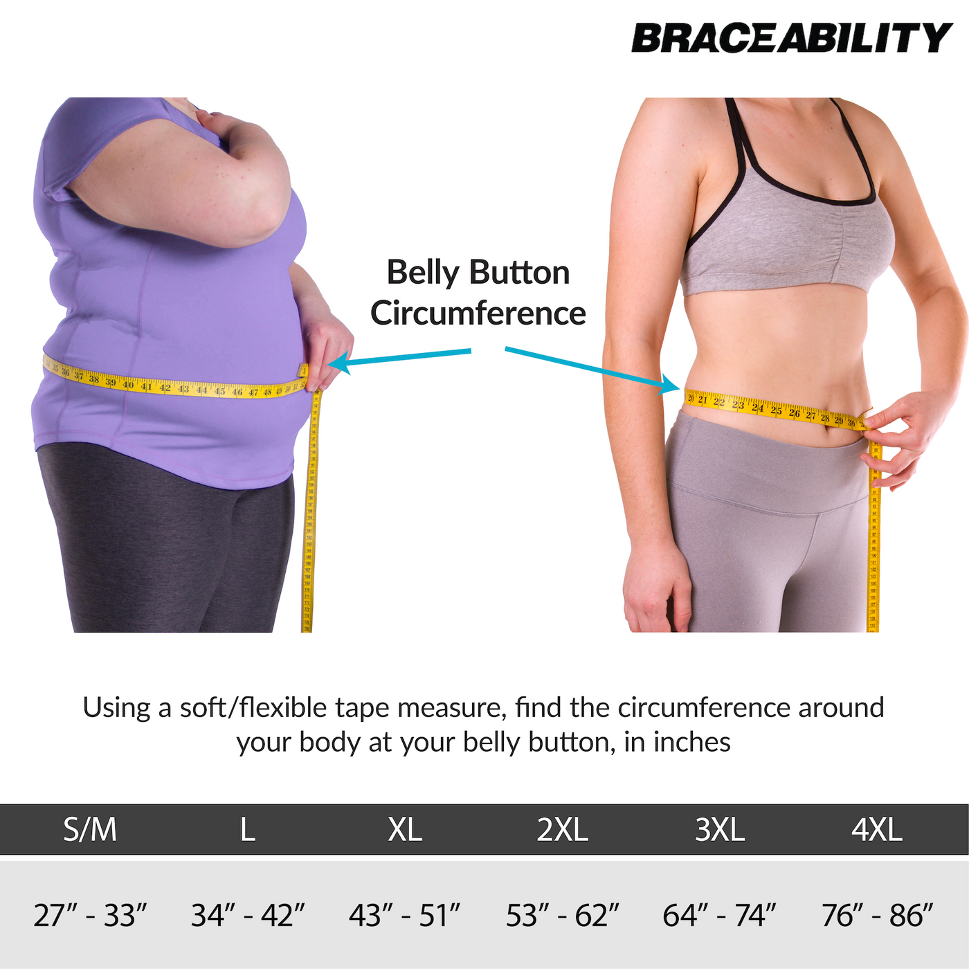 The sizing on our elastic and neoprene back pain relief brace comes in sizes small to 4xl. Sizes are based on body circumferences around where you plan to wear the brace. S/M fits 26" - 33", large fits 33"-42", x-large fits 43"-52", 2X-large fits 52"-62", 3X-large fits 63"-74" and 4XL fits 75" - 86"