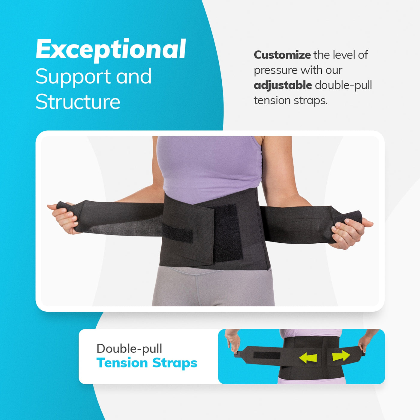 Double-pull tension straps provide sciatic nerve pain relief. The back support can be worn under clothes