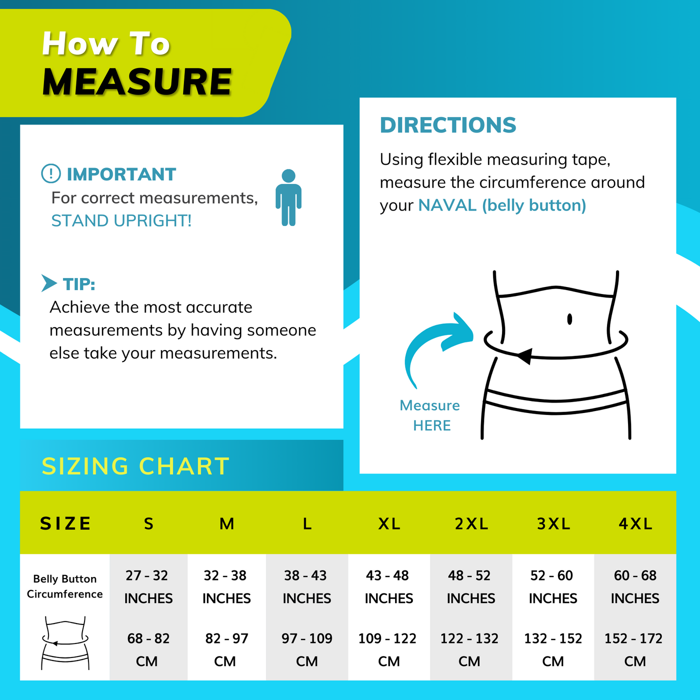 Sizing chart for herniated disc back brace - measure the circumference around your belly button. S-4XL fits 27" - 68" circumferences