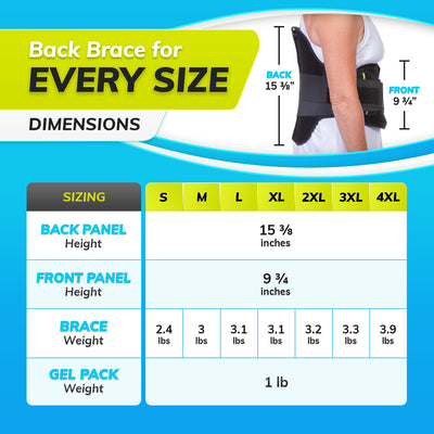 braceability lso back brace is 15 inches tall in the back and ten inches in the front