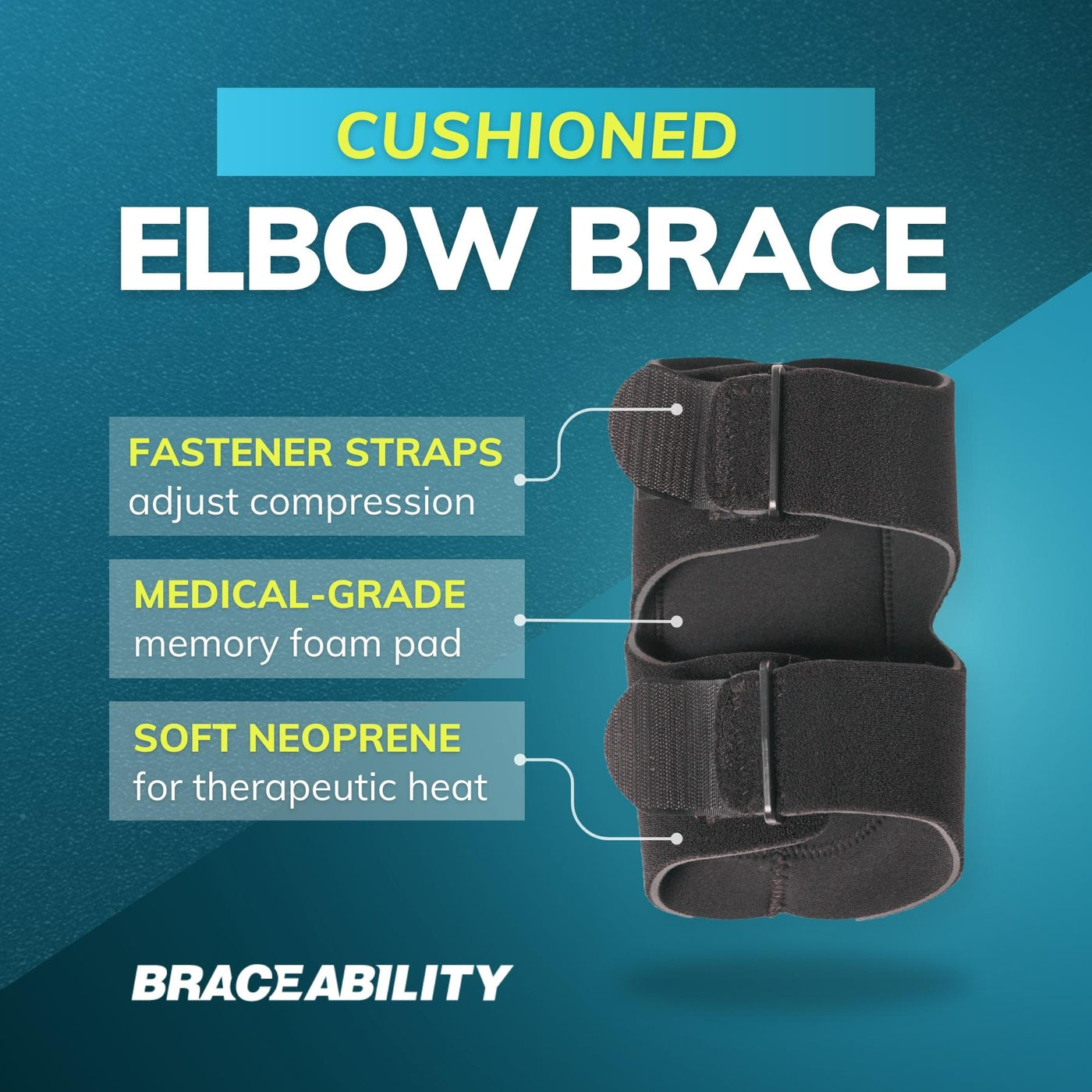 Our cushioned elbow brace has two adjustable fasteners for custom compression to relieve olecranon joint pain