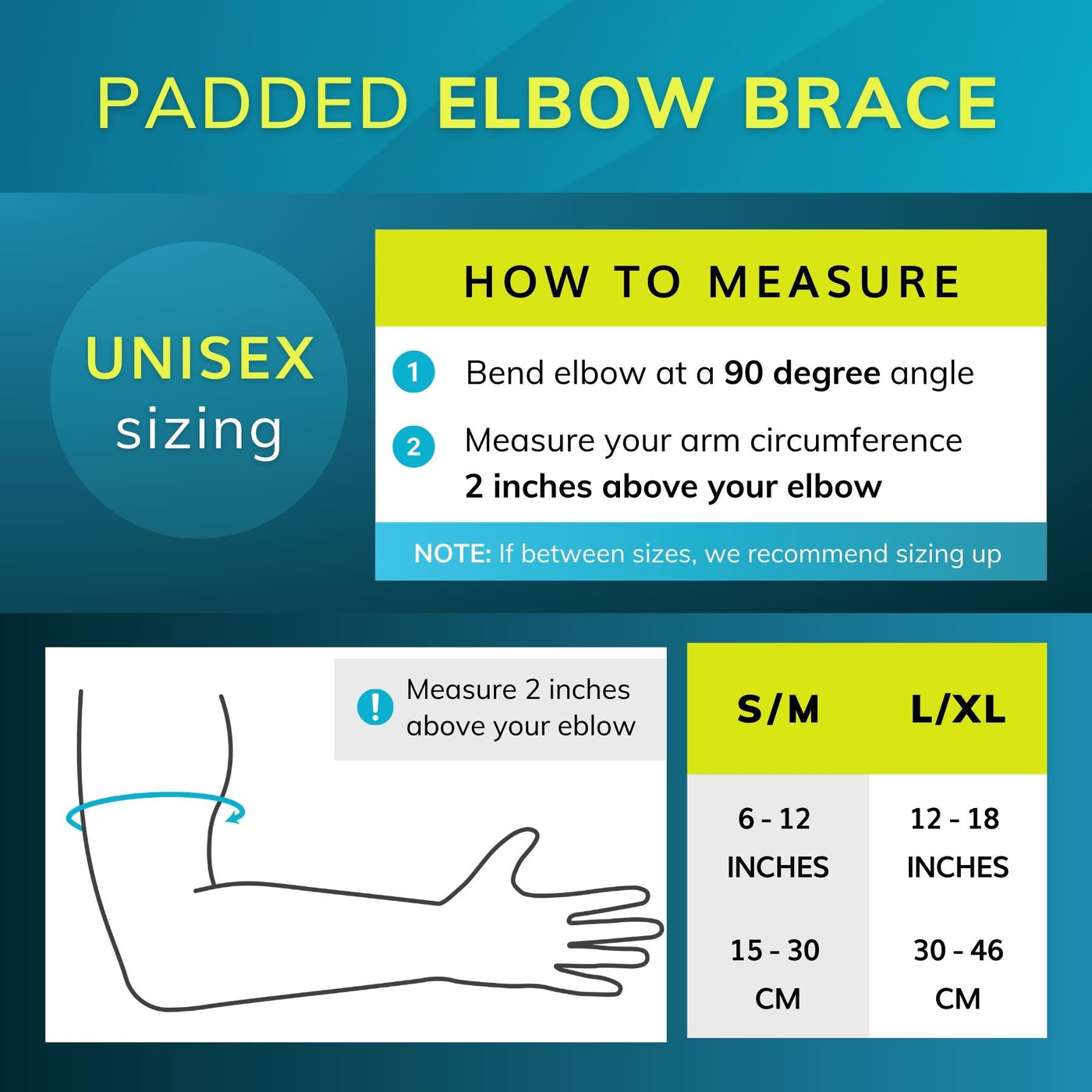 sizing chart for bursitis elbow pad is comes in two sizes, small fits 12 inch arm circumference large fits 18 inches