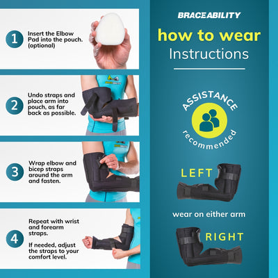 the elbow fracture support is easy to put on with adjustable Velcro straps