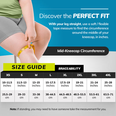 Sizing chart for exercise knee pain brace. Available in sizes XS-4XL.