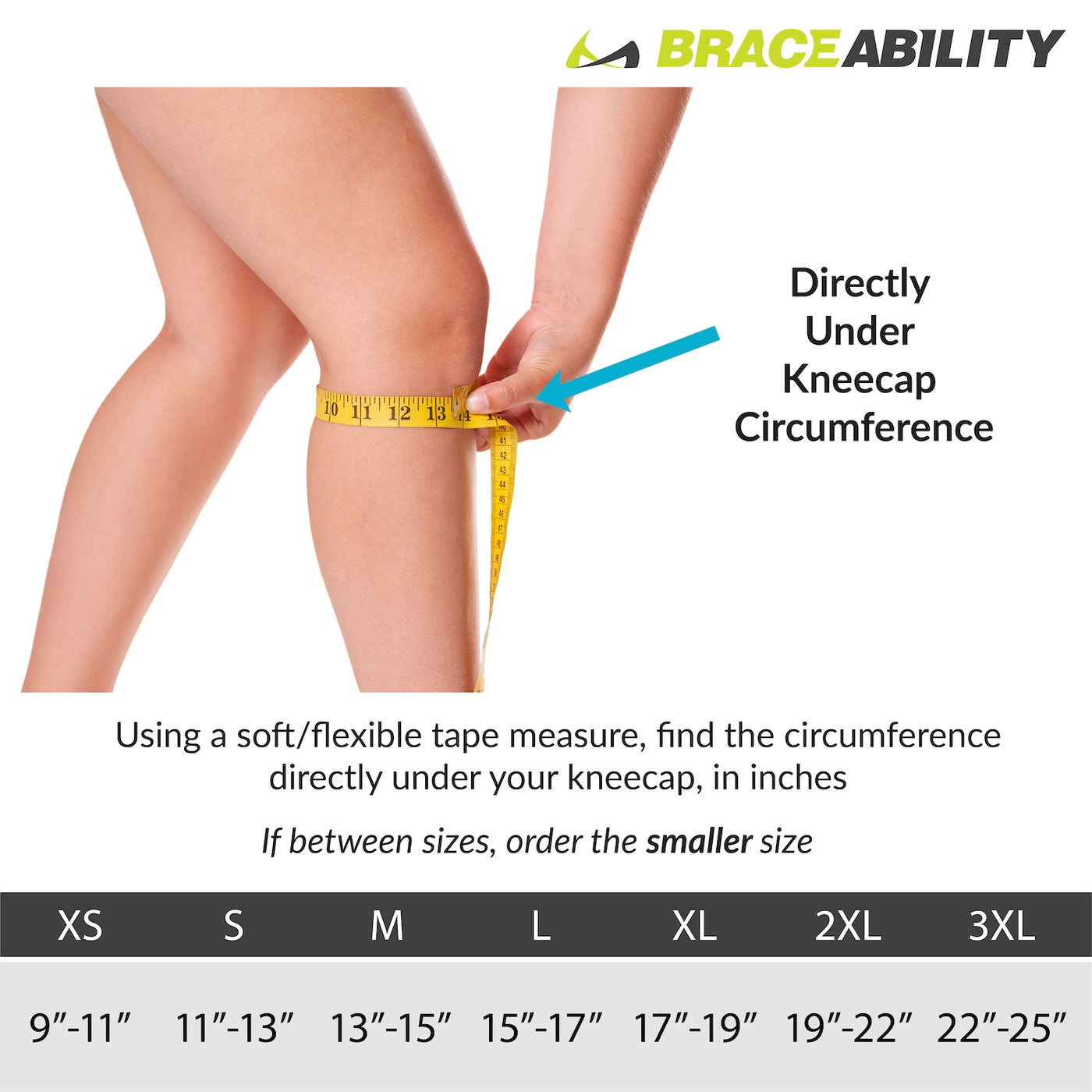 Sizing chart for Patellar Tendon Adjustable knee strap. Available in sizes XS-3XL.