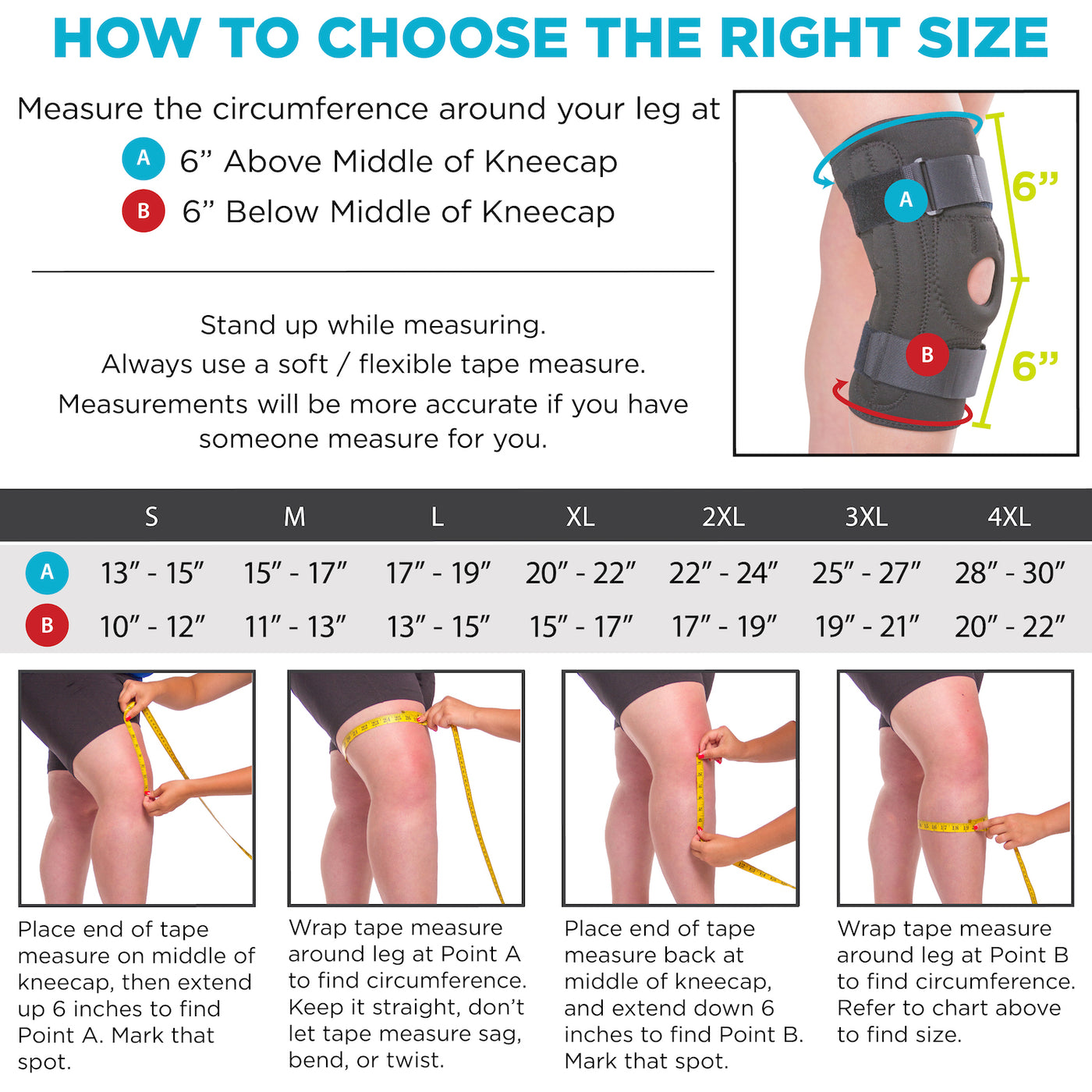 the sizing for the patellar stabilizing knee brace ranges from small through 4xl