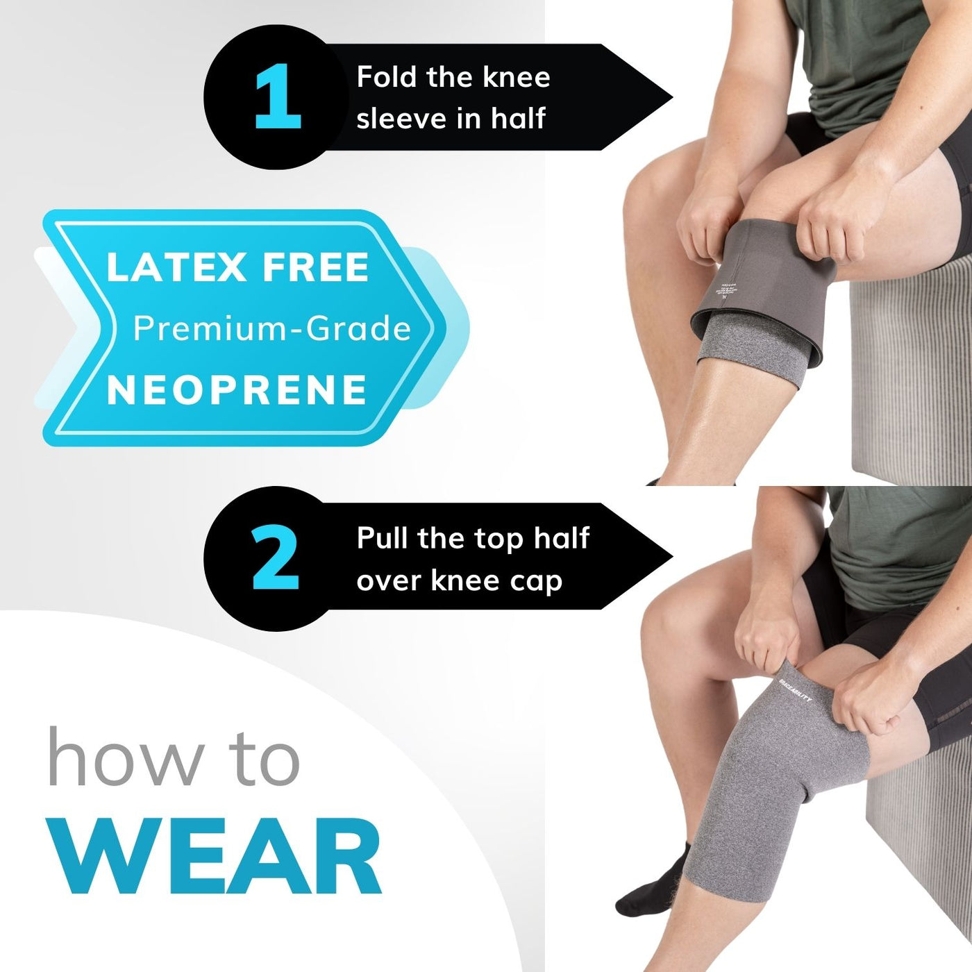 The latex-free neoprene knee support for big legs can easily be applied with big legs by folding in half before pulling up leg