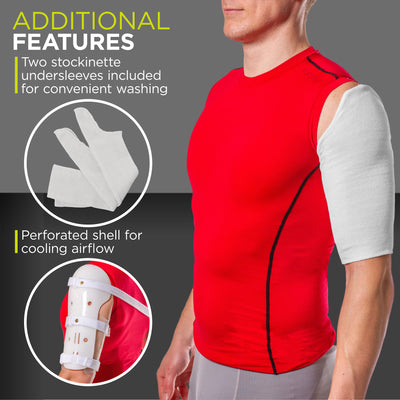 Our shoulder splint for humeral fractures comes with washable undersleeves and a breathable shell