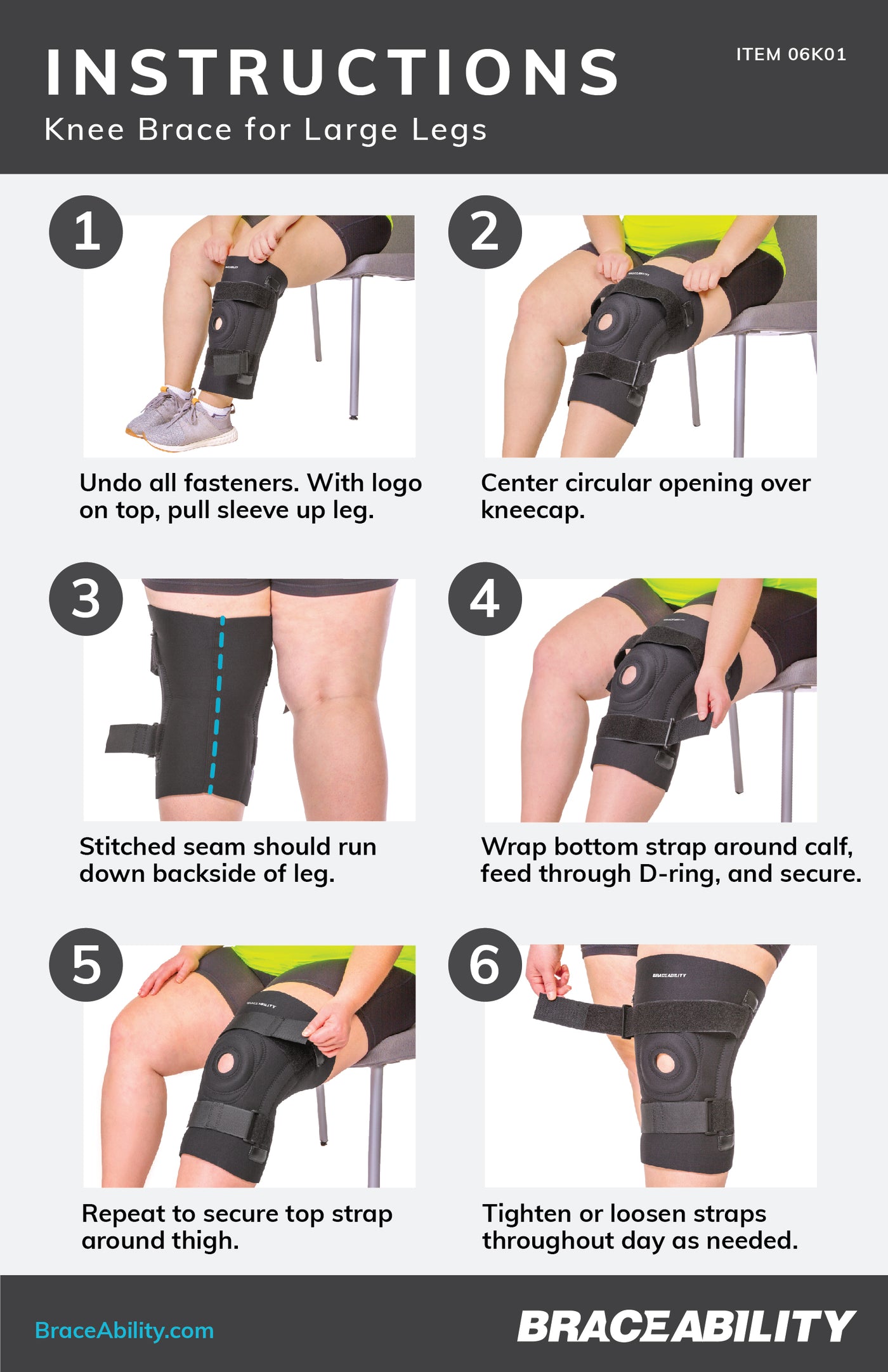 How to put on the knee brace for large legs instruction sheet