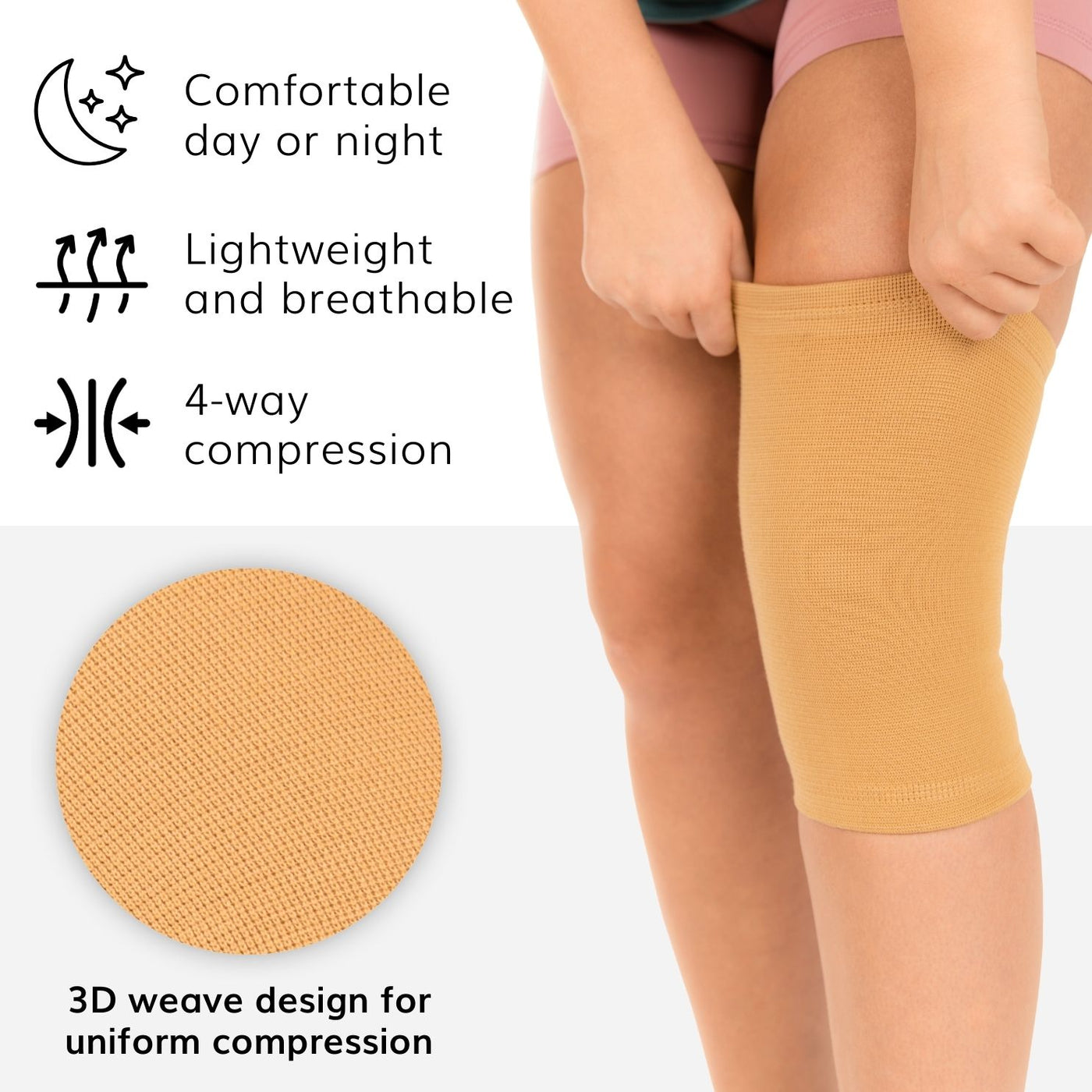 The stretchy knee brace hugs your leg, keeping it in place and evenly compressing your knee and the surrounding area.