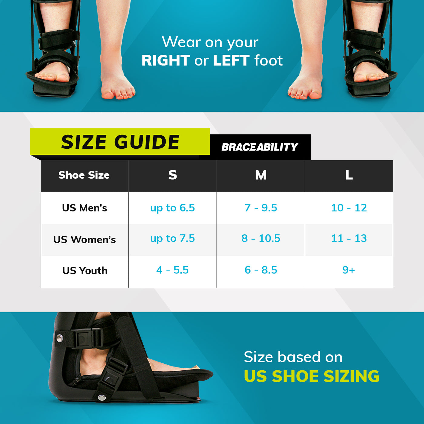 Sizing chart for plantar fasciitis nighttime stretching boot. Available in sizes S-L.