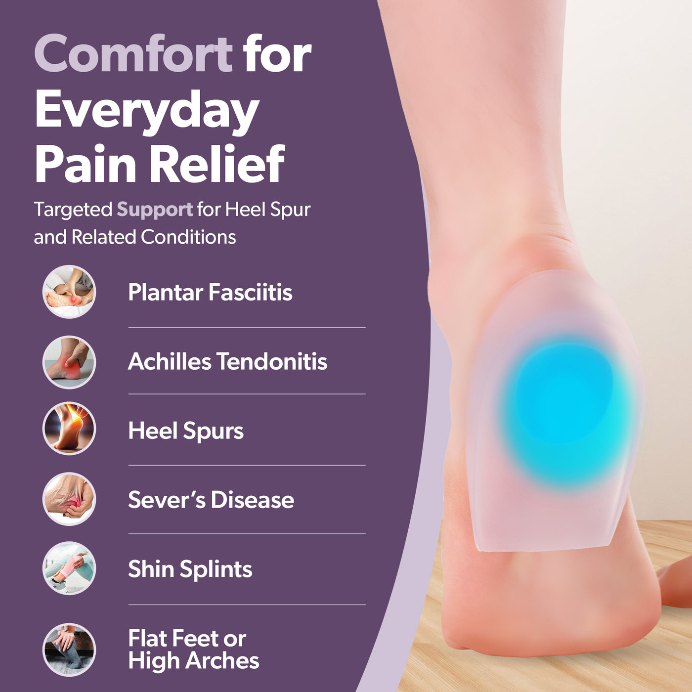 use our heel spur cups for plantar fasciitis, heel pain, achilles tendonitis and shin splints