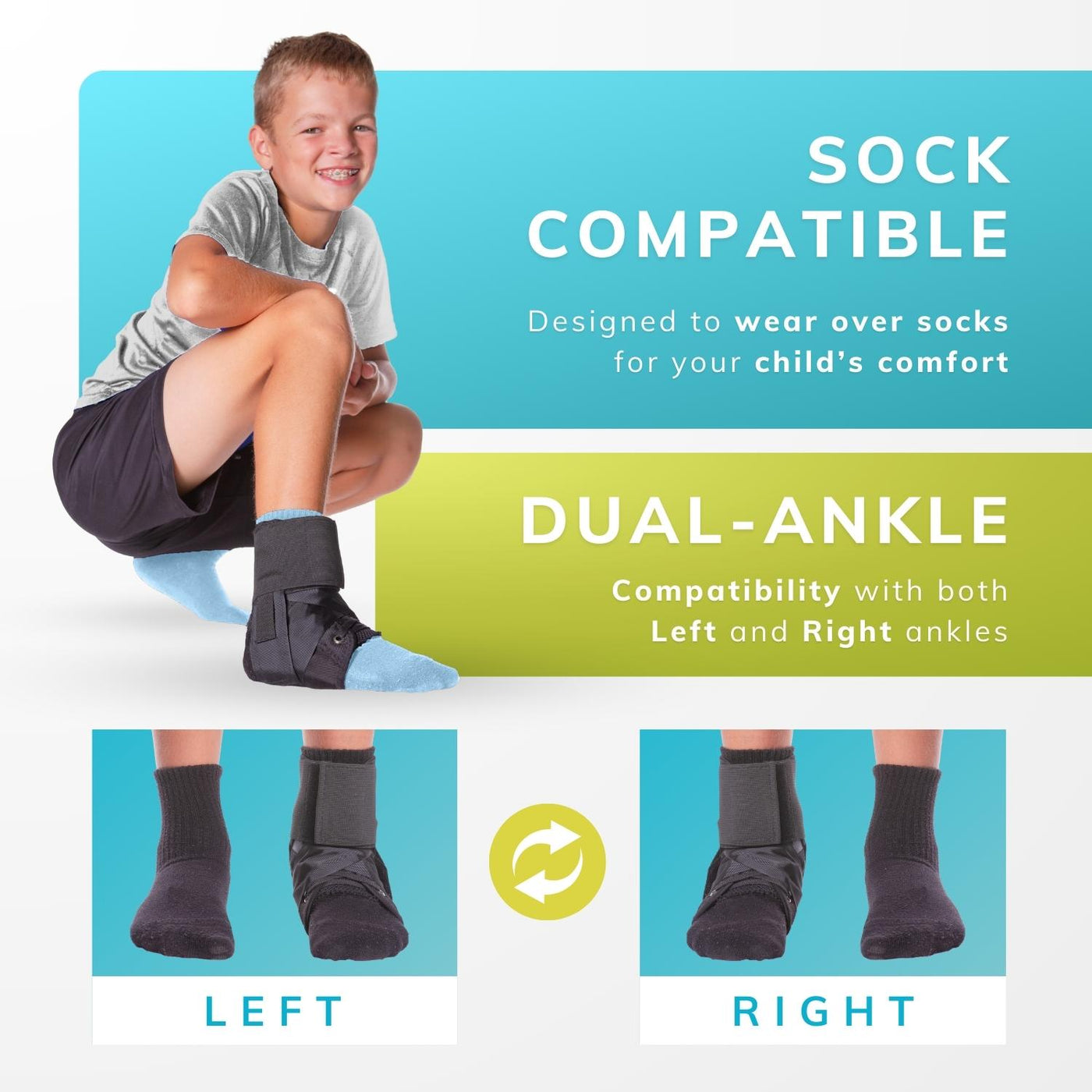 The childrens ankle brace for gymnastics can be worn on their left or right foot under or over socks