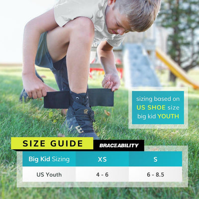 Our kids ankle brace comes in a two sizes fitting most kids size up to big kids size 8.5