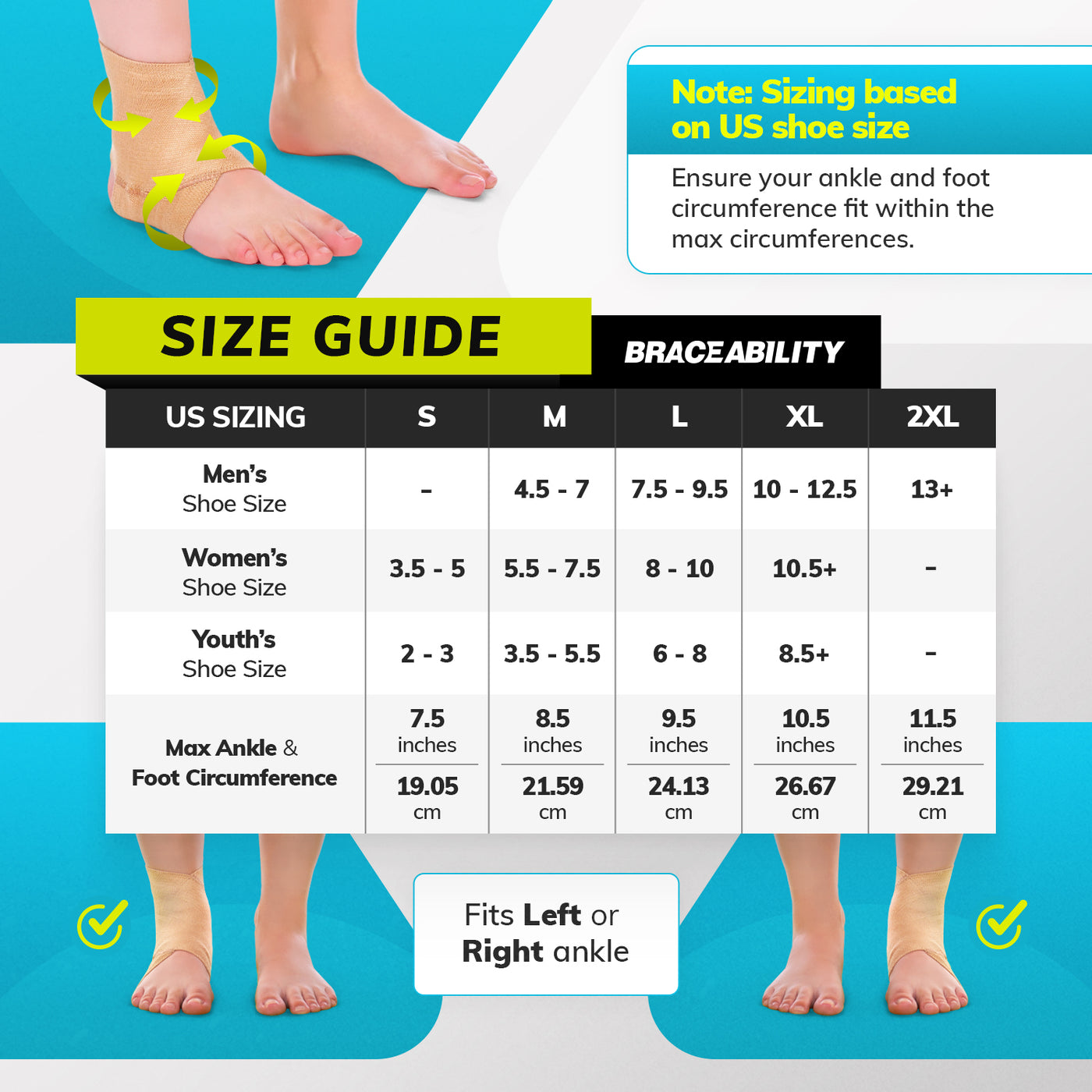Sizing chart for the elastic foot and ankle sleeve. Available in sizes S-2XL.