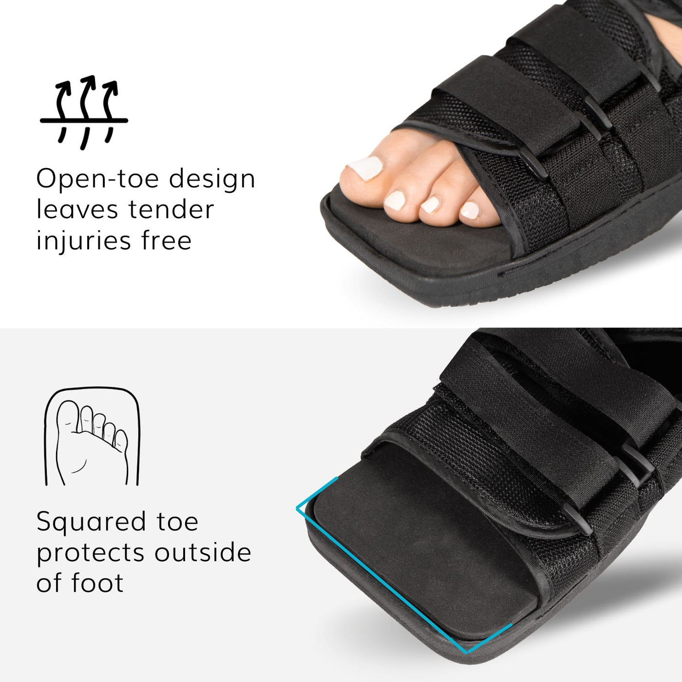 Wide, square-toe design acts as a buffer for foot and toe protection