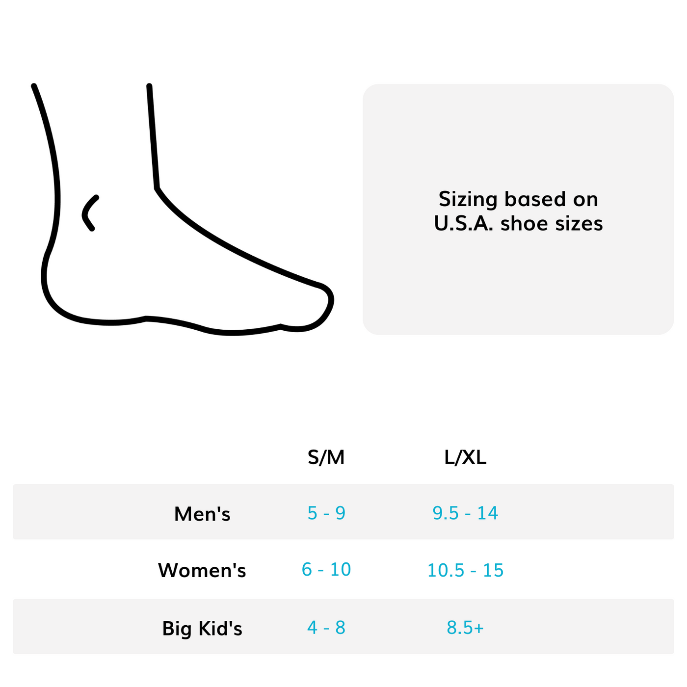 Sizing chart for dorsal night splint. Available in sizes S/M and L/XL.