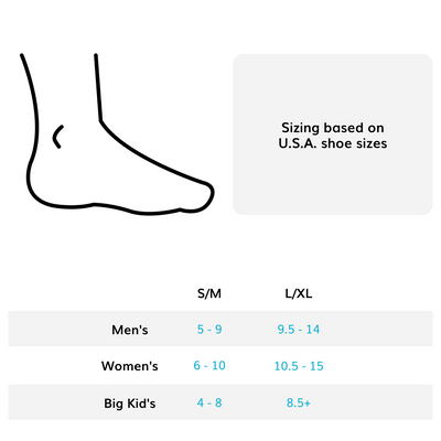 Sizing chart for dorsal night splint. Available in sizes S/M and L/XL.