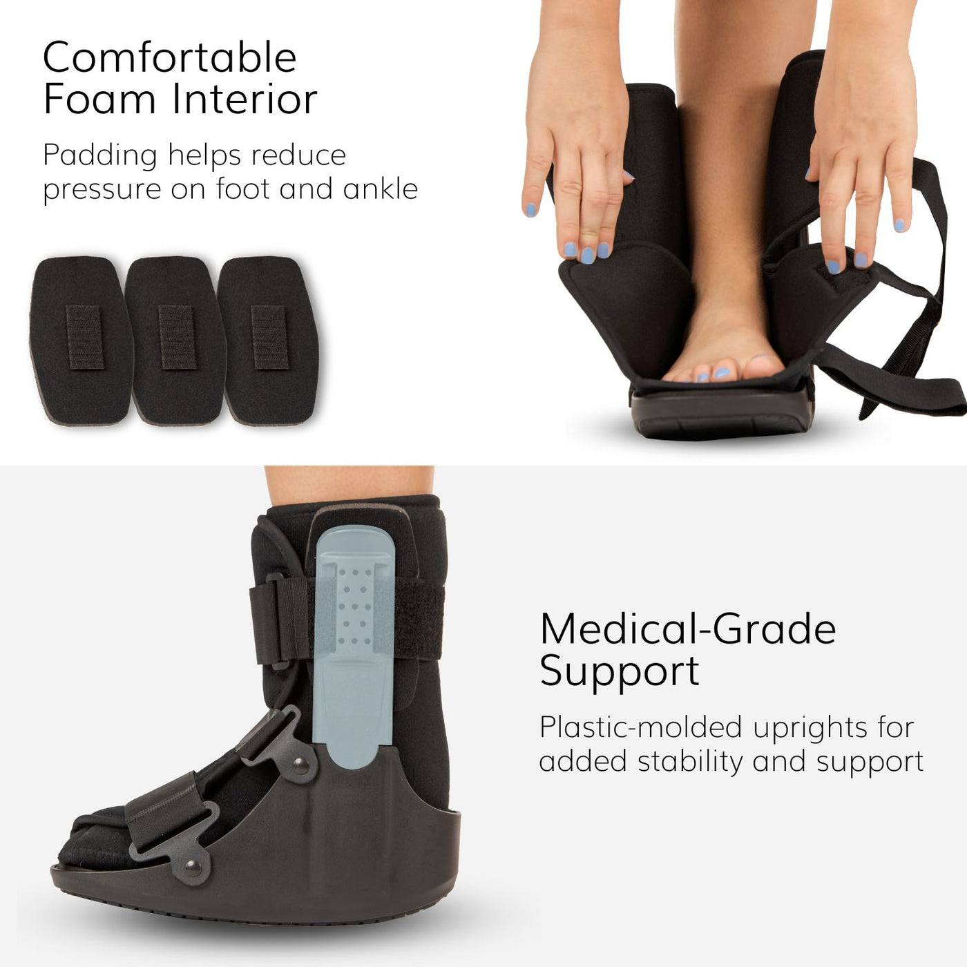 The orthopedic broken toe boot has adjustable straps to give the boot a custom fit