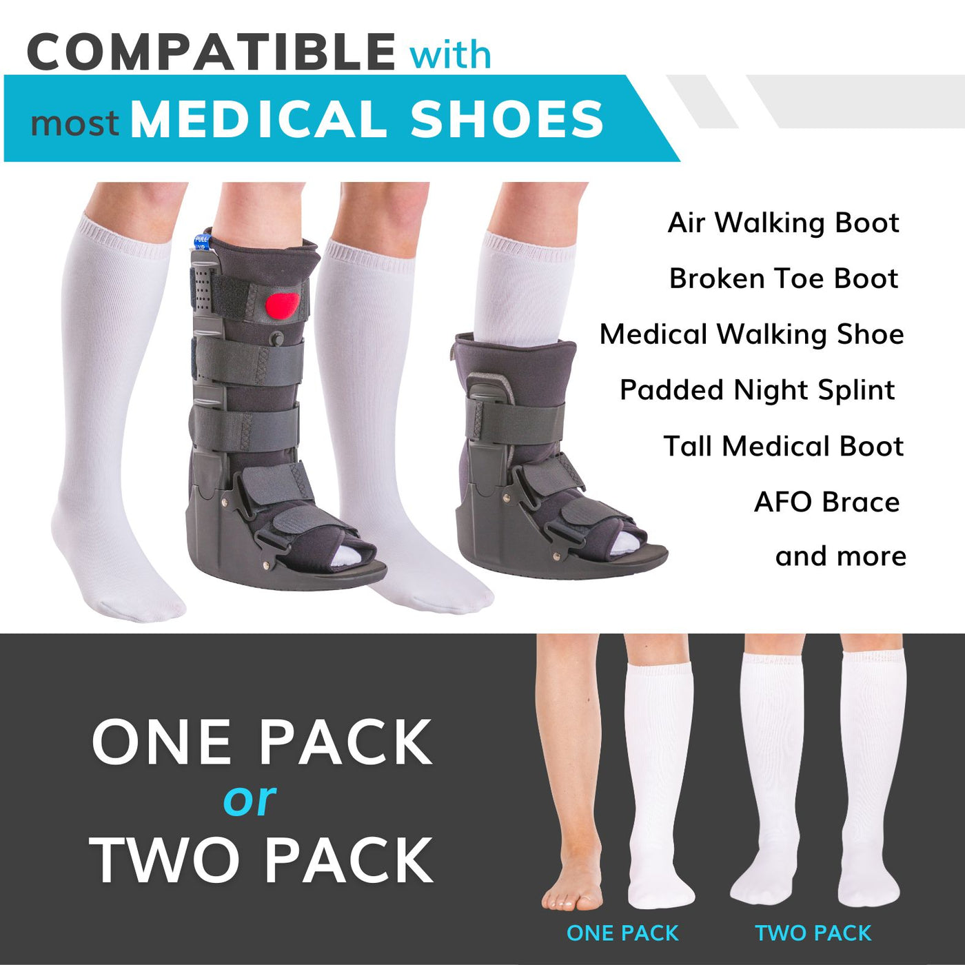 Sock liners work for short or high-top orthopedic walking boots including liners for pneumatic walking boots