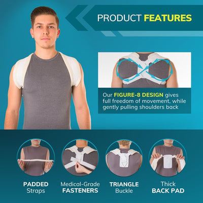 The figure-8 padded clavicle support pulls back on shoulders to help fix posture
