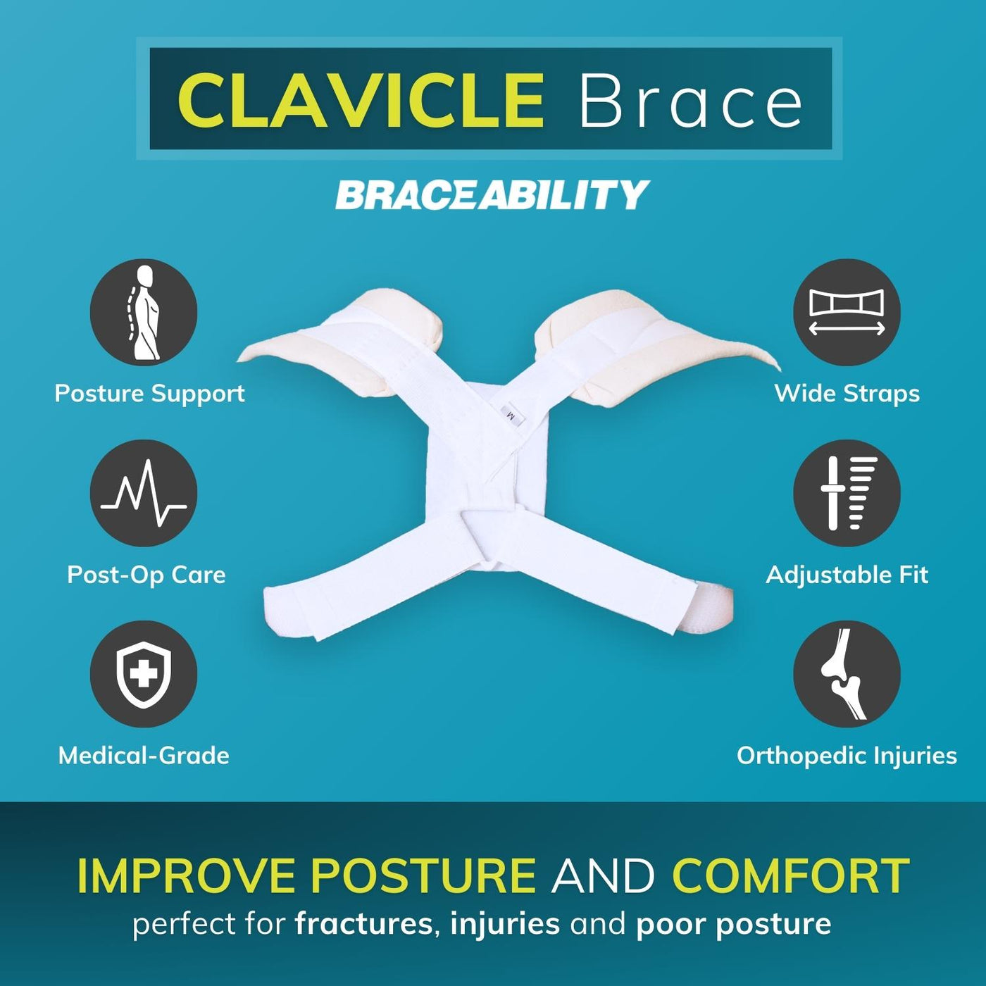 Padded shoulder straps on the posture correction brace are covered in a soft, stockinette material