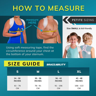 Sizing chart for clavicle brace for broken collarbones. Available in sizes S-XL.