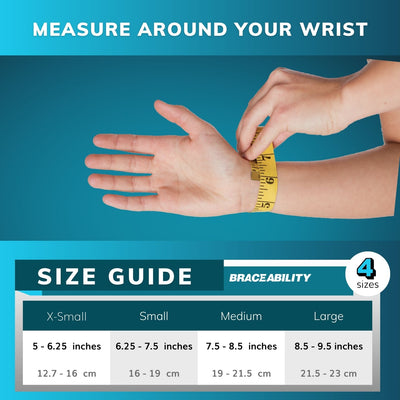 The BraceAbility wrist and thumb brace sizing chart comes in four sizes from xsmall, small, medium, and large