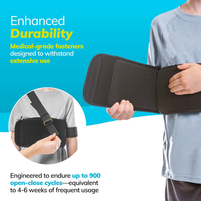 Our Arm sling for childrens shoulder support provides enhanced durability with medical-grade fasteners