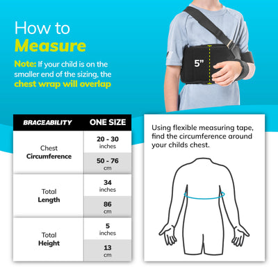 Sizing chart for BraceAbility Pediatric Shoulder Immobilizer fits kids chest circumferences up to 30 inches