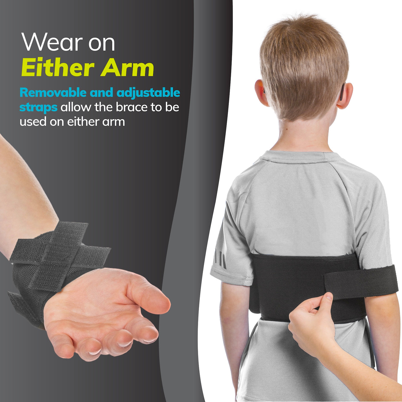 Your child can wear our shoulder immobilizer on either arm thanks to removable and adjustable straps